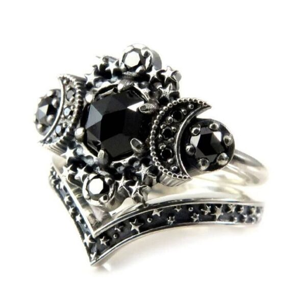 Gothic Cosmos Moon Ring Set Silver Moon and Stardust - Picture 1 of 10